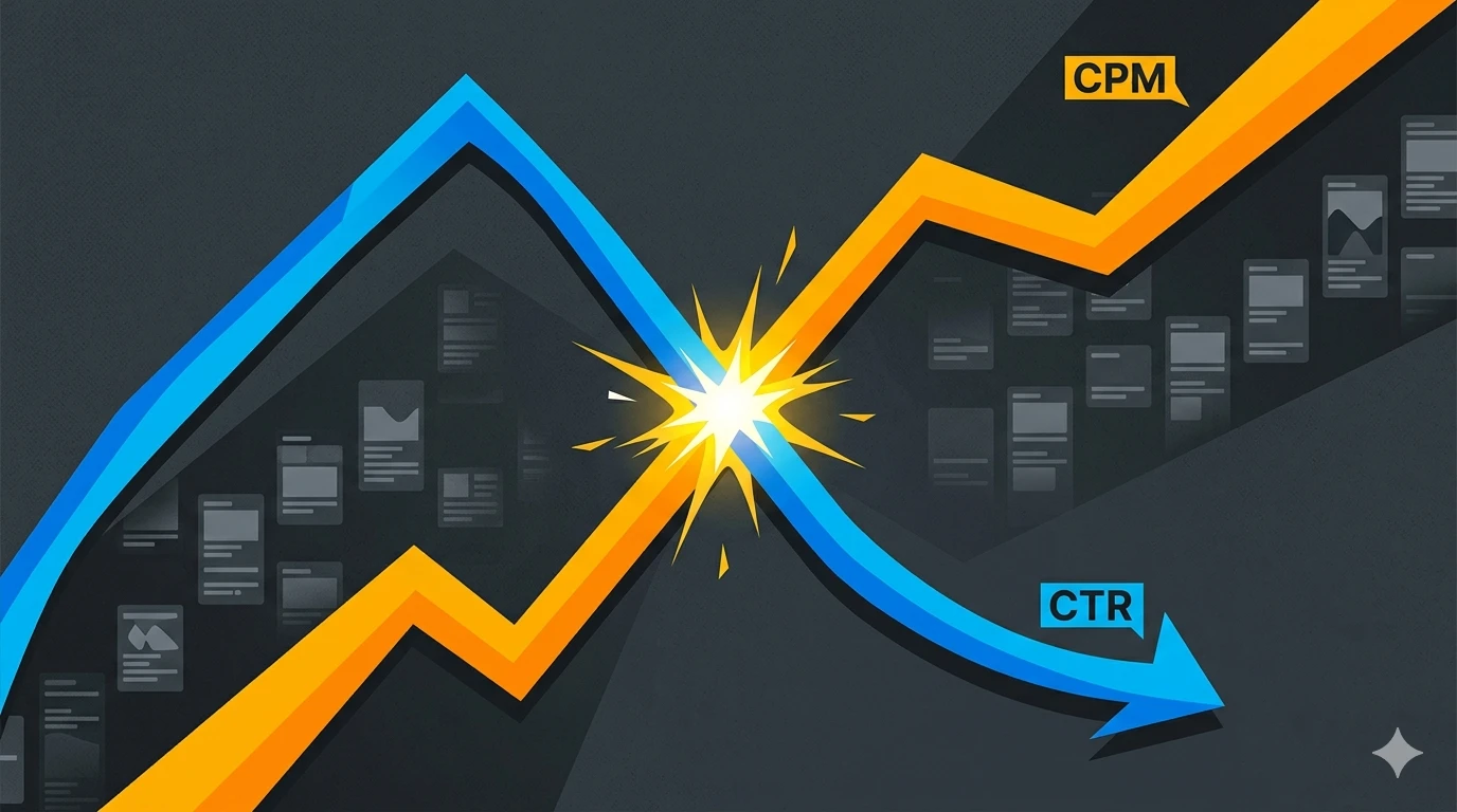 Stylised illustration of a performance graph spiking then dropping sharply, representing Meta ad creative fatigue.